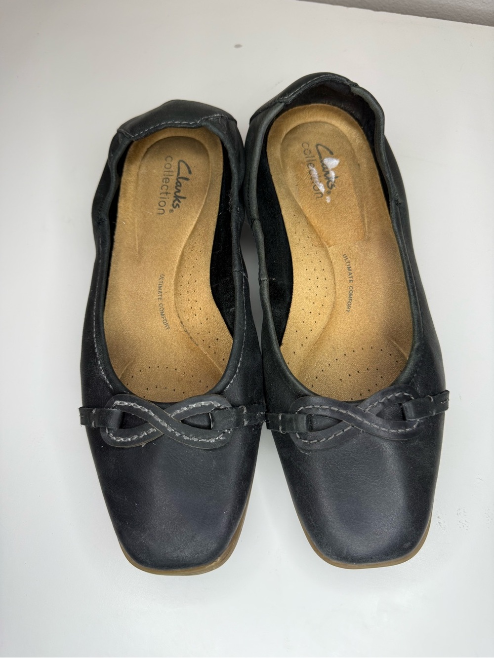 Clarks Collection Navy Blue Leather Ballet Flats 8 Ultimate Comfort Square Toe